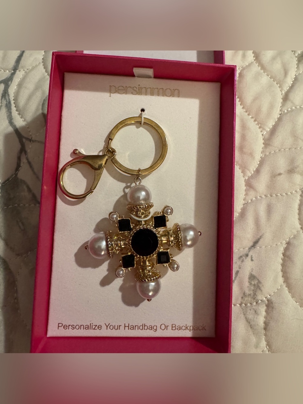 NWT Persimmon Ornate Baroque Pearl & Black Stone Cross Bag Charm Keychain